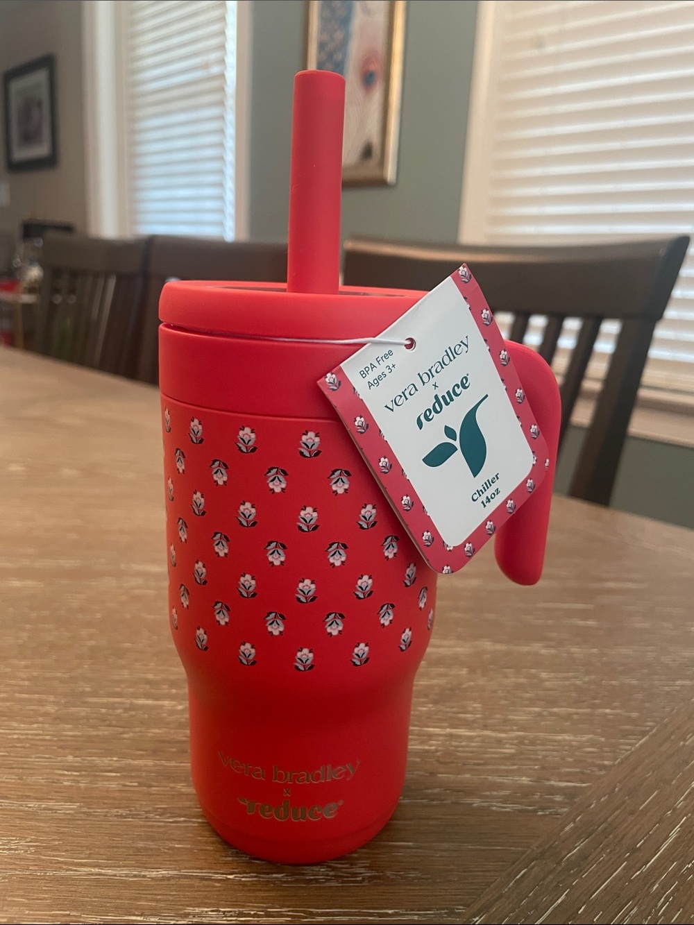 Vera Bradley Red Kids Straw Tumbler with Handle and Floral Print